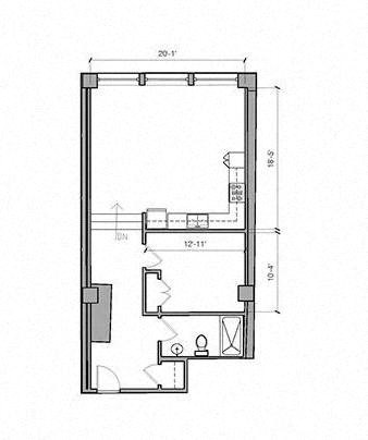 Floor plan for 1 bed, 1 bath, 650 sqft